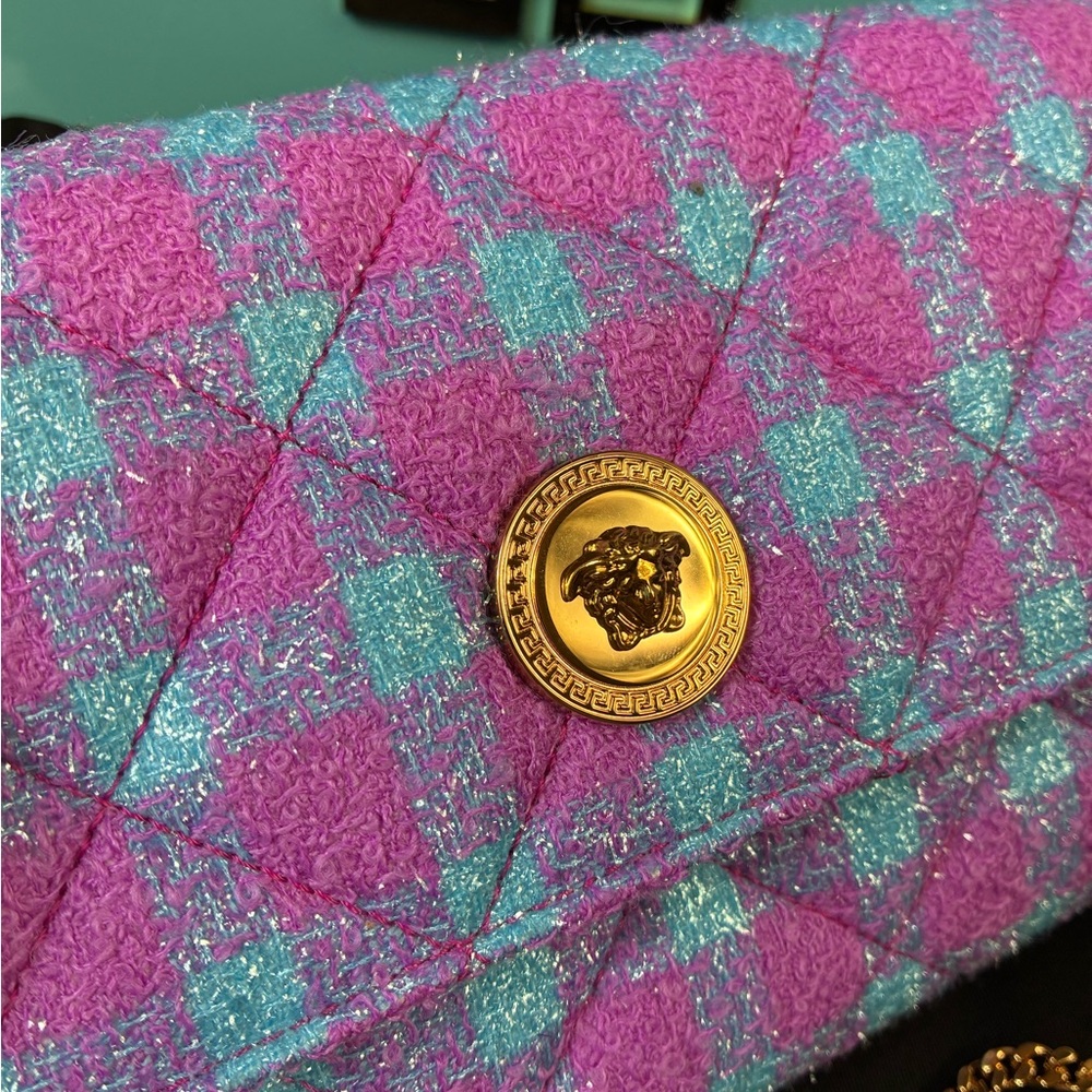 NWT Authentic Versace Pink Purple Blue Wool Tweed Checkered WOC Wallet On Chain - Picture 3 of 11